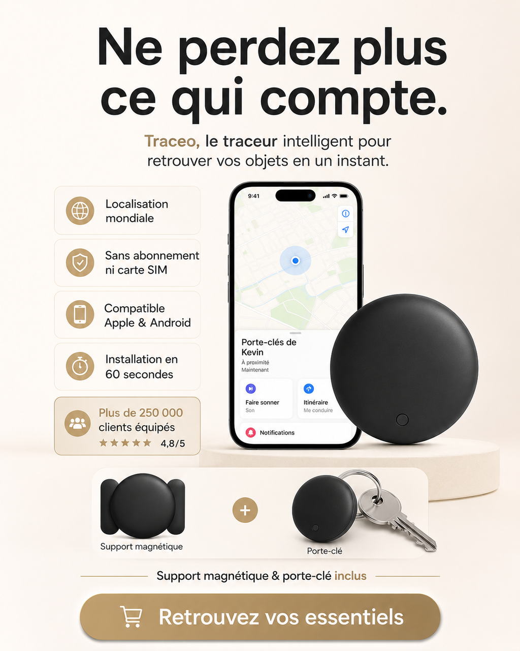 Traceur GPS Intelligent pour Objets, Clés, Sac, Valise et Voiture