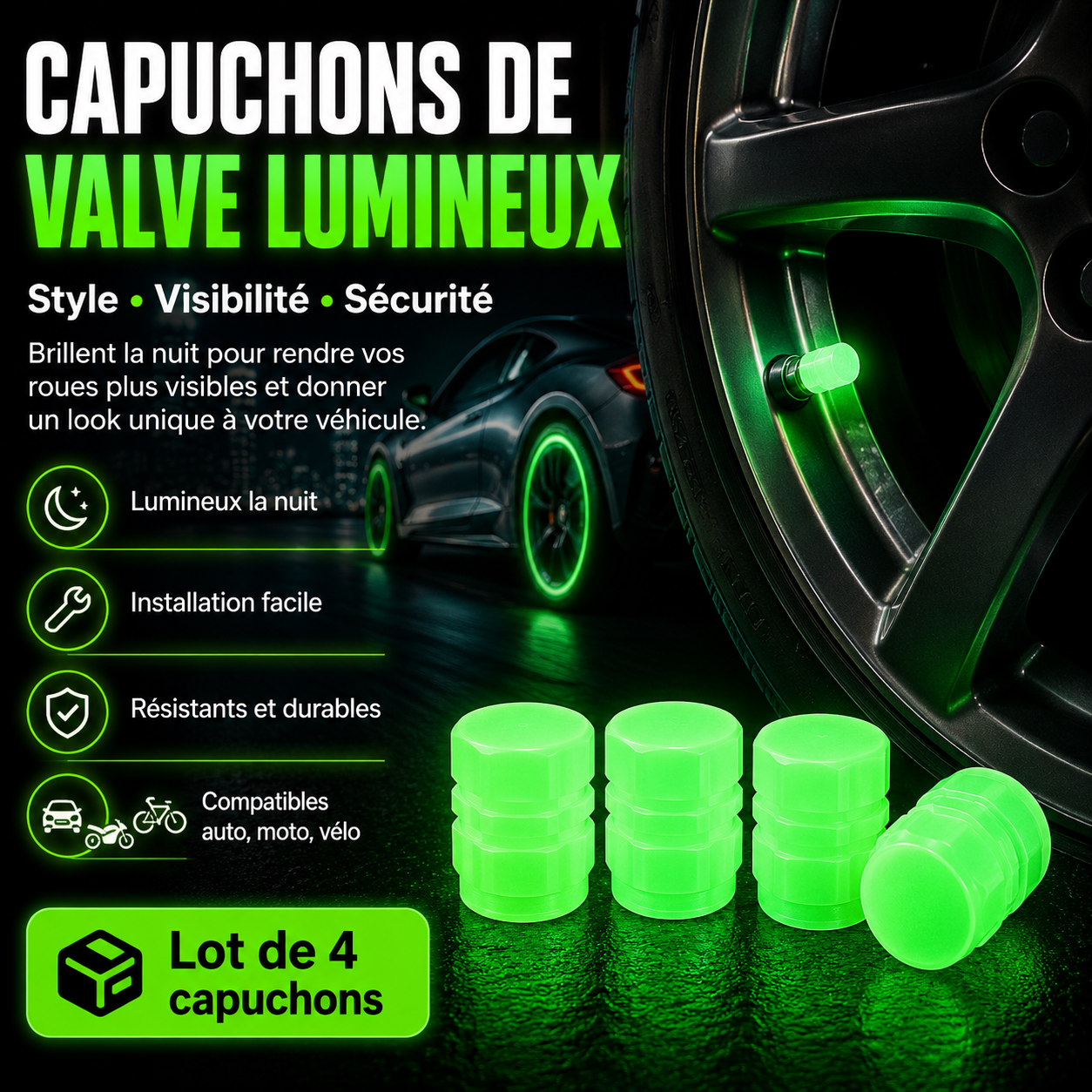 Bouchons de Valve Lumineux Fluorescents pour Voiture, Moto & Vélo