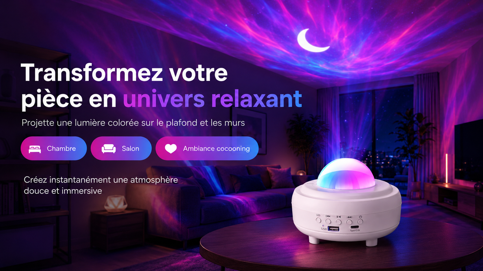 Enceinte Bluetooth et Lampe Projecteur Aurore Boréale