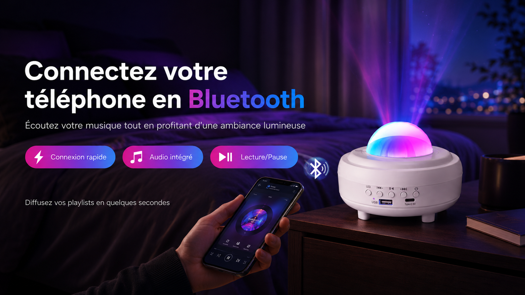 Enceinte Bluetooth et Lampe Projecteur Aurore Boréale