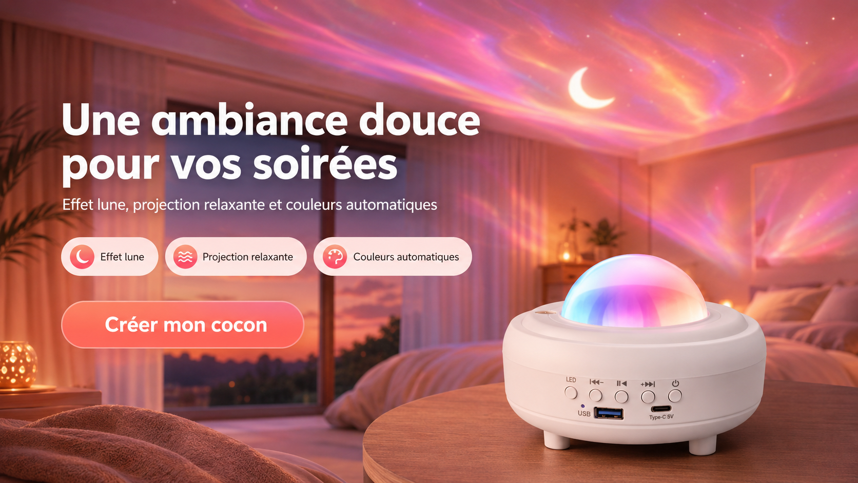 Enceinte Bluetooth et Lampe Projecteur Aurore Boréale