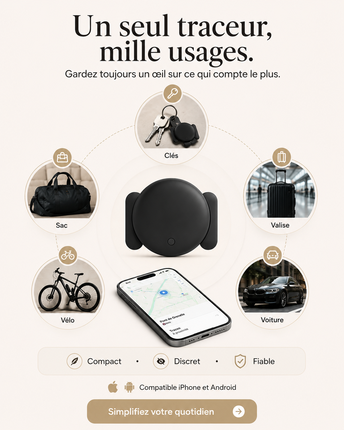 Traceur GPS Intelligent pour Objets, Clés, Sac, Valise et Voiture